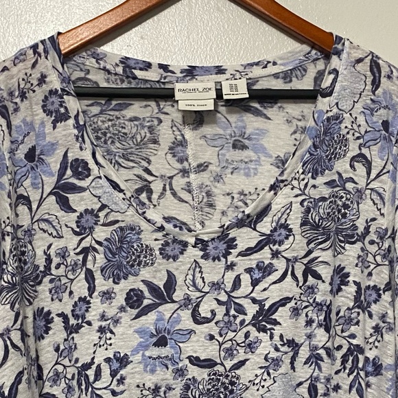 Rachel Zoe 100% Linen Blue Floral Boho Top Womens Size 1X V-neck 3/4 Sleeve - Picture 3 of 9